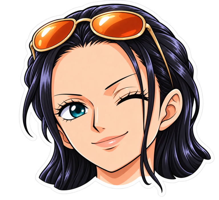 Sticker de Nico Robin guiñando un ojo, con cabello oscuro y gafas de sol naranjas sobre la cabeza