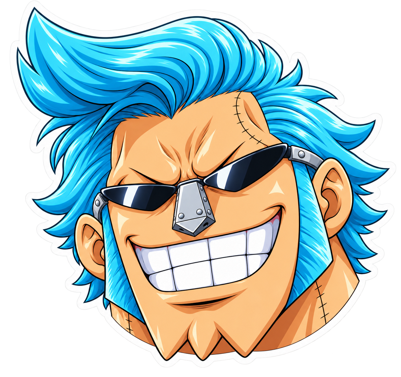 Sticker de Franky de One Piece con cabello azul brillante, gafas oscuras, nariz metálica y una gran sonrisa