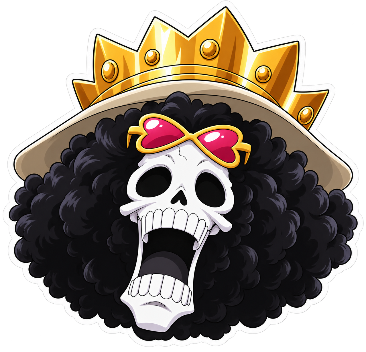 Sticker de Brook de One Piece sorprendido, con gran afro negro, corona dorada y gafas rosas en forma de corazón