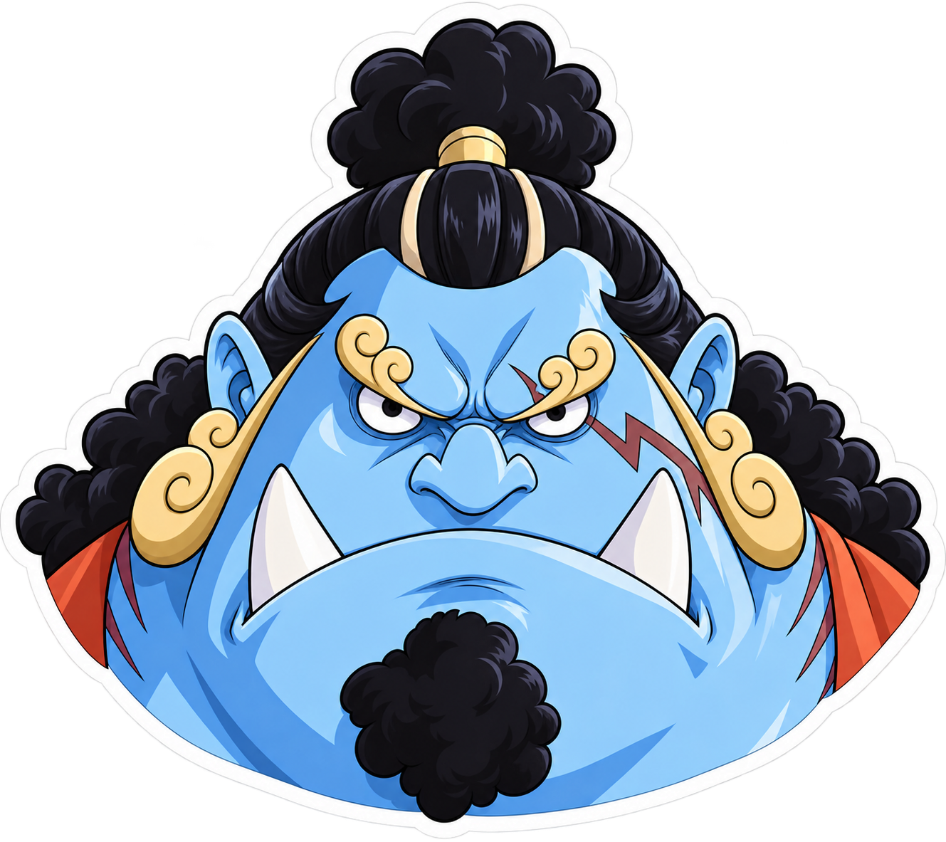 Sticker de Jinbe de One Piece con rostro azul, grandes colmillos, cabello negro recogido y expresión seria