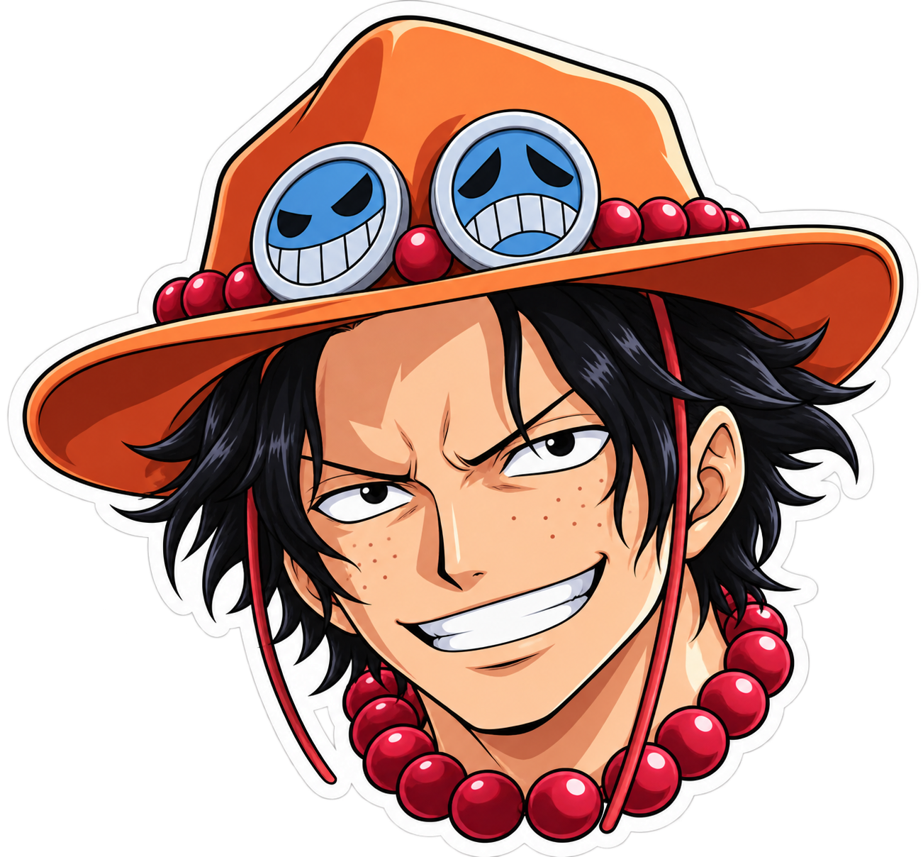 Sticker de Portgas D. Ace de One Piece sonriendo, con sombrero naranja, cabello negro, pecas y collar de cuentas rojas