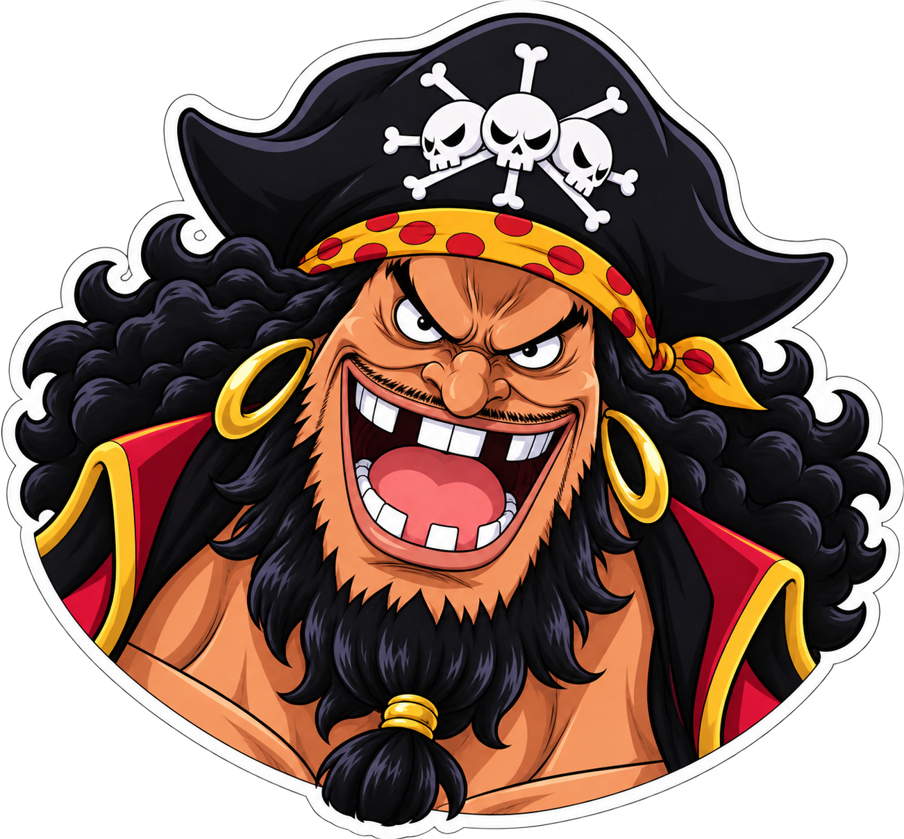 Sticker de Barbanegra de One Piece riendo a carcajadas, con sombrero negro de calaveras, barba oscura y pendientes dorados
