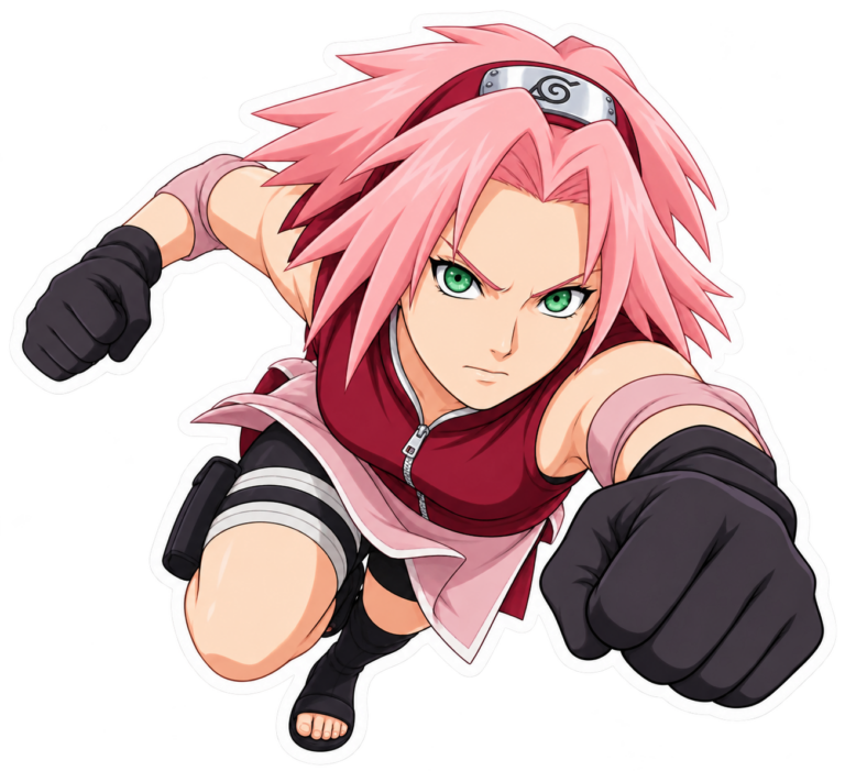 Sticker de Sakura Haruno en pose de acción, con cabello rosa y puño al frente