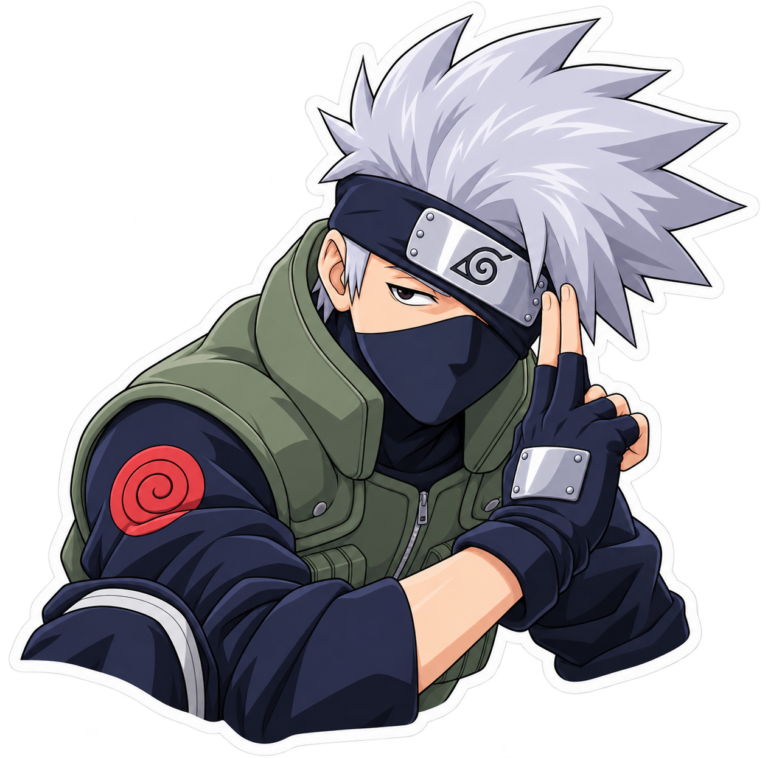 Sticker de Kakashi Hatake de Naruto con cabello plateado, máscara negra, chaleco verde y manos formando un sello ninja