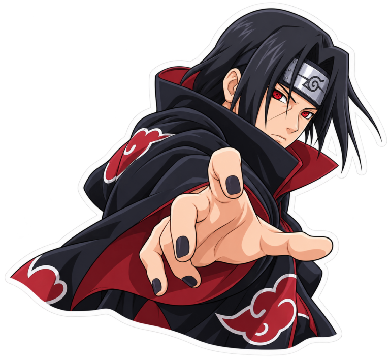 Sticker de Itachi Uchiha con Sharingan rojo, manto negro de Akatsuki con nubes rojas y mano extendida hacia adelante