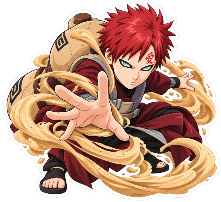 Sticker de Gaara controlando arena, con cabello rojo y símbolo en la frente