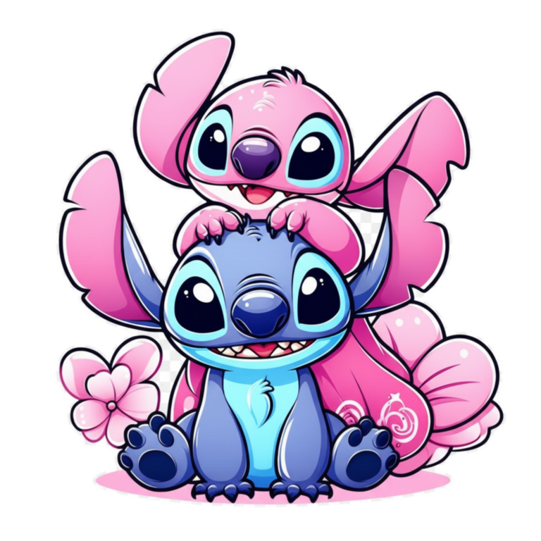 Sticker kawaii de Angel rosa abrazando a Stitch azul, ambos sonrientes y rodeados de flores rosas
