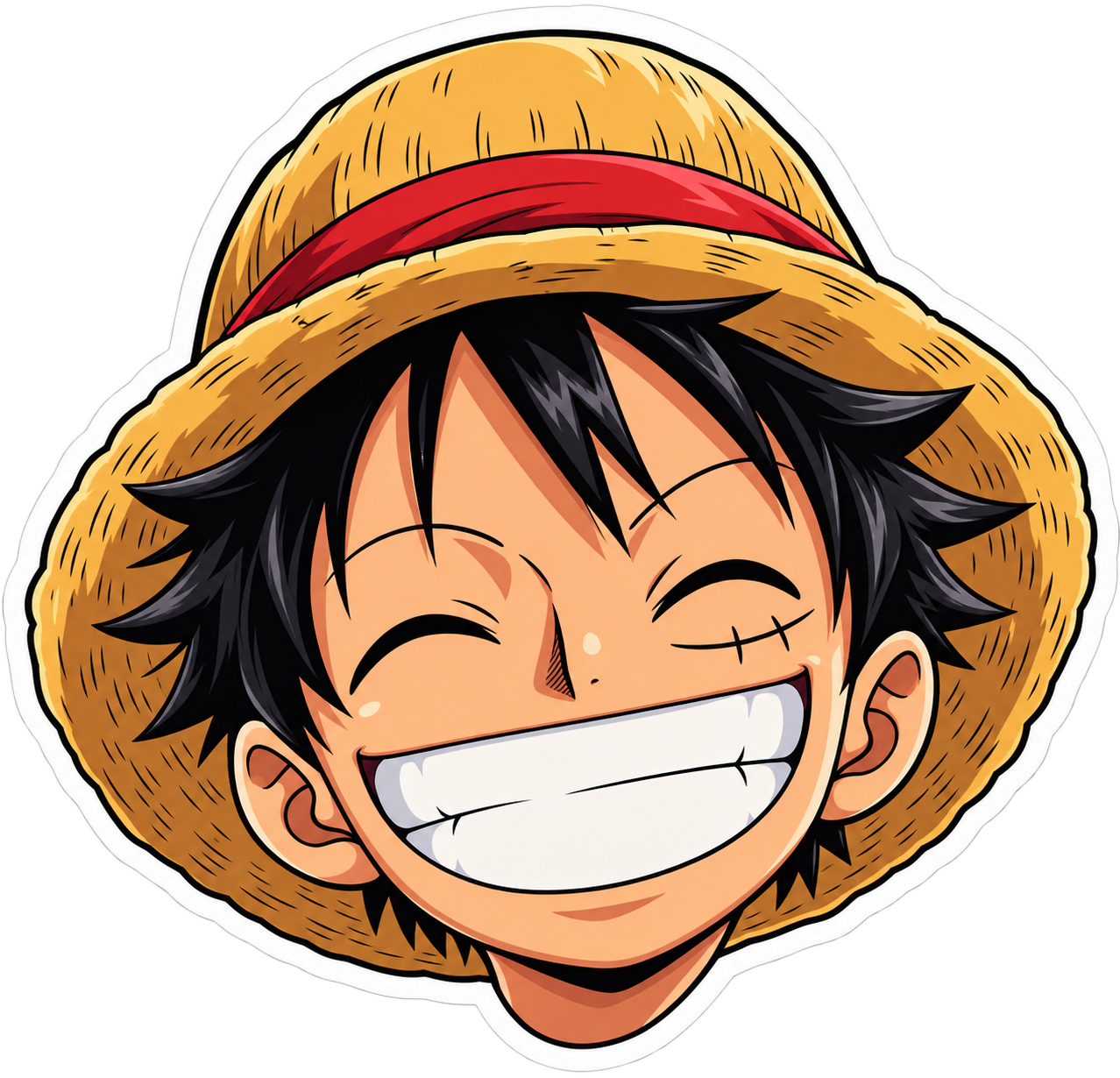 Sticker de Monkey D. Luffy sonriendo con su sombrero de paja y borde blanco.