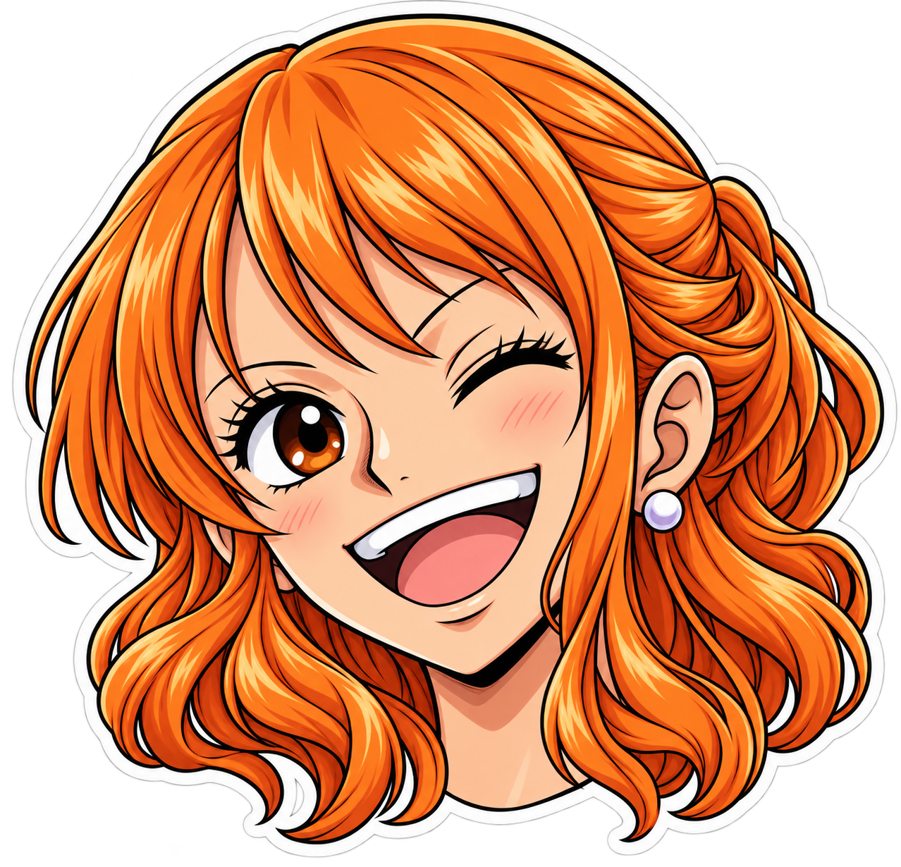 Sticker de Nami sonriendo y guiñando un ojo, con cabello naranja y borde blanco.