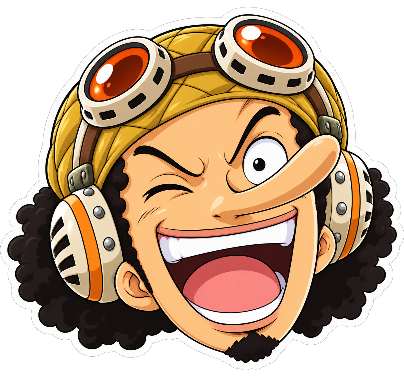 Sticker de Usopp riendo y guiñando un ojo, con nariz larga, pañuelo amarillo y gafas de aviador.