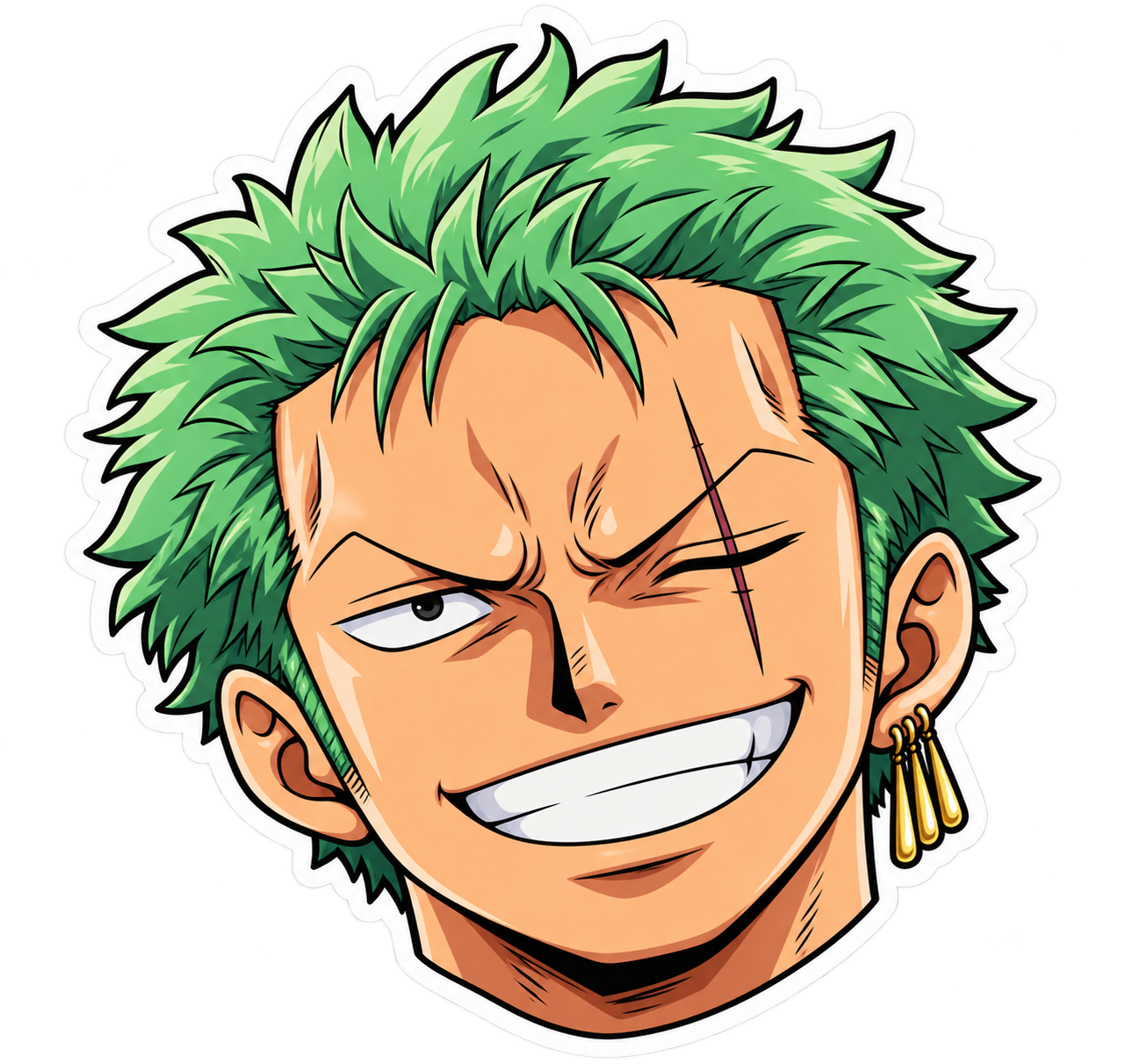Sticker de Roronoa Zoro sonriendo, con cabello verde, cicatriz sobre el ojo izquierdo y tres pendientes dorados.