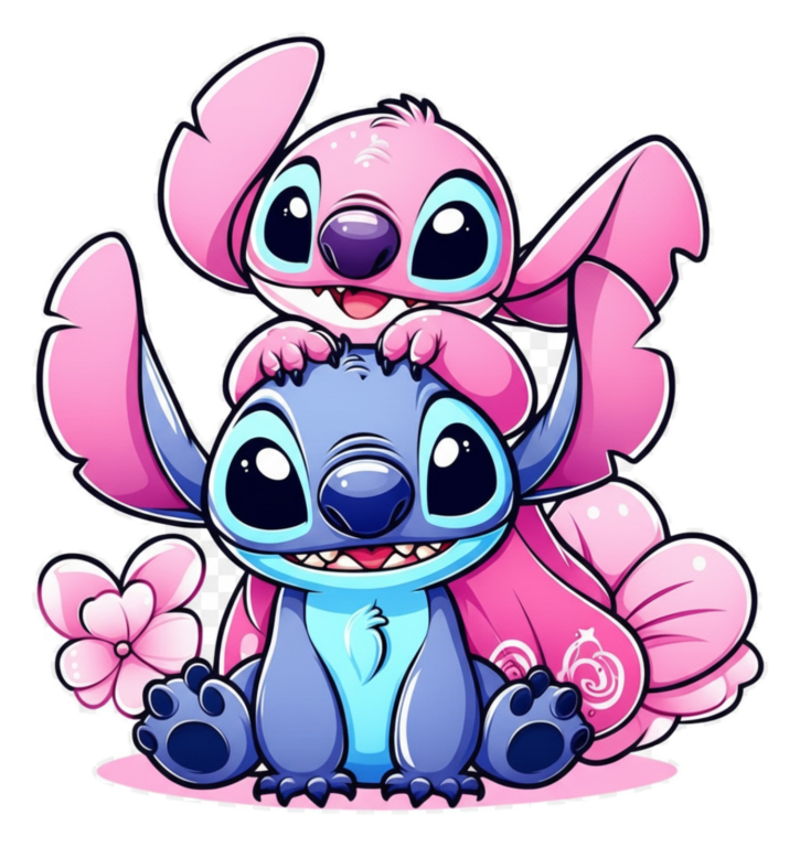 Sticker kawaii de Angel rosa abrazando a Stitch azul, ambos sonrientes y rodeados de flores rosas