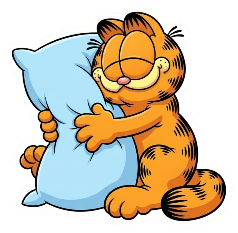 Sticker de Garfield, gato naranja con ojos entrecerrados, abrazando una almohada azul