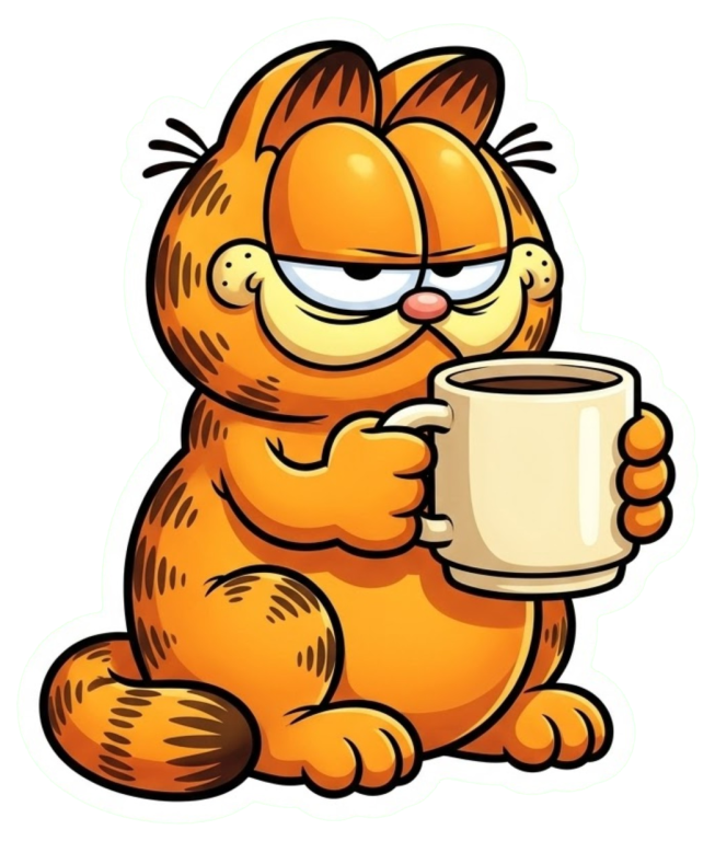 Sticker de Garfield, gato naranja con ojos entrecerrados, sosteniendo una gran taza de café